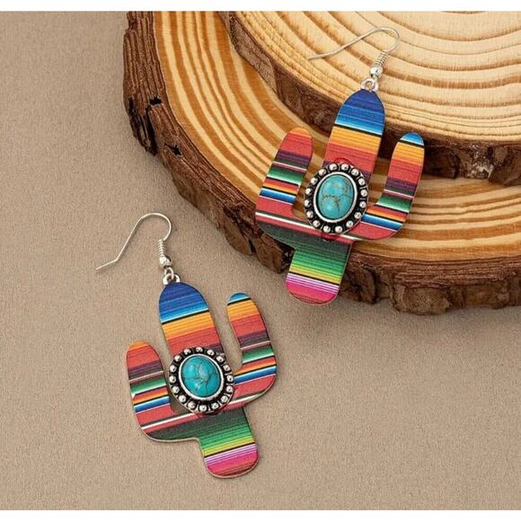 Earrings Serape Cactus Turquoise Stone Fishhook Western Boho Fashion Jewelry - Picture 4 of 5